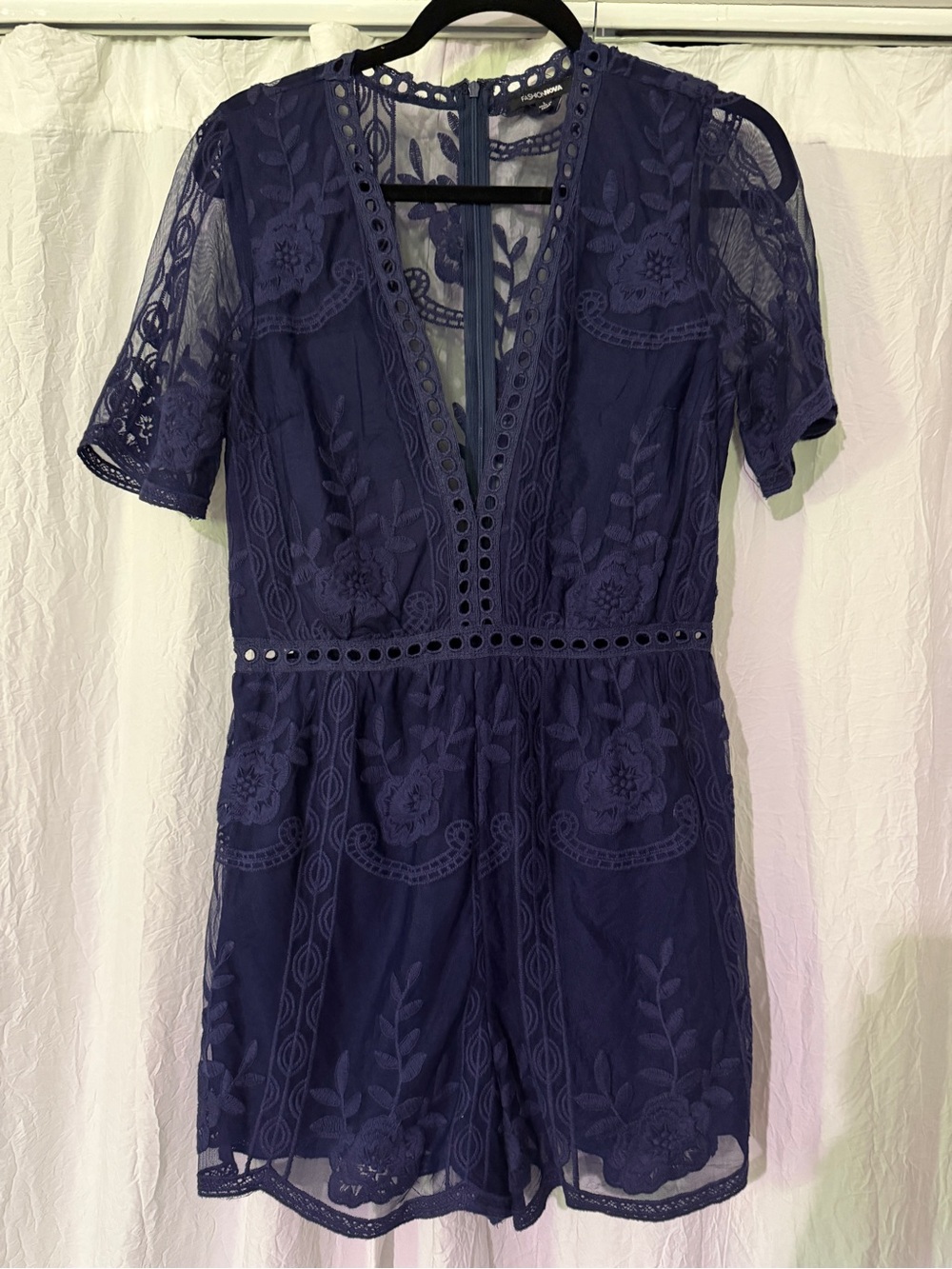 Fashion Nova Navy Floral Lace Romper